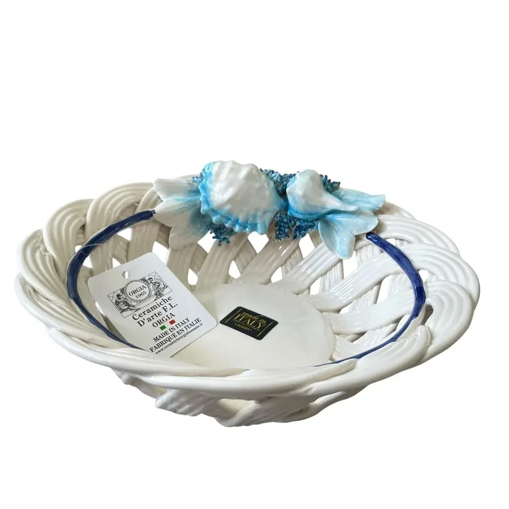 Ceramiche D’arte Handmade In Italy Basket Weave Bowl with Sea Creatures 11in NEW